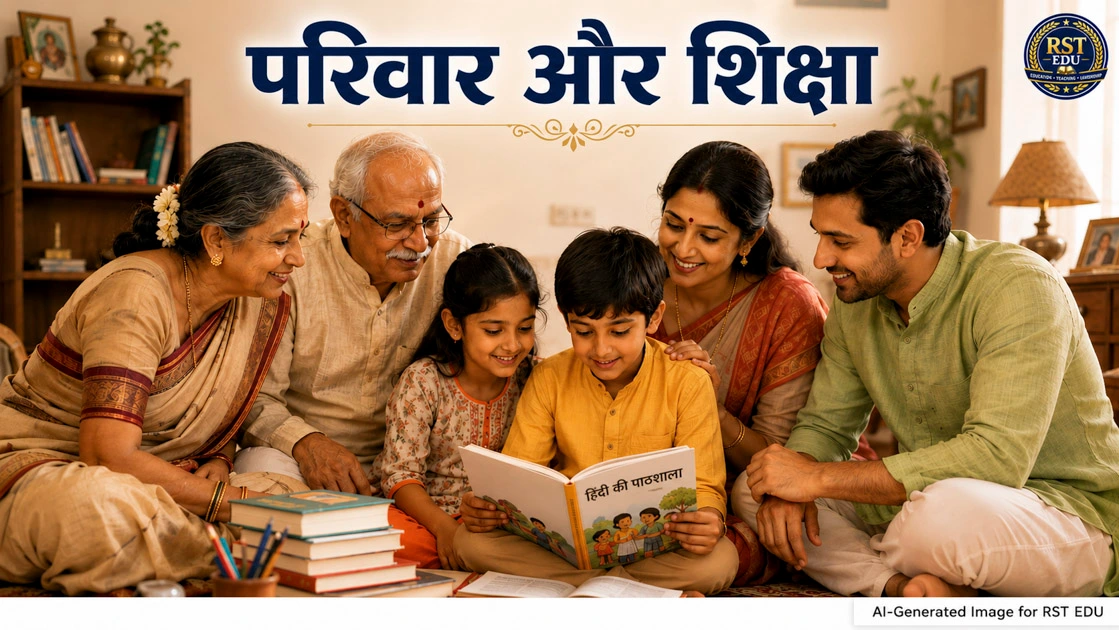 भारतीय परिवार में बच्चे की शिक्षा - दादा-दादी के साथ बच्चा किताब पढ़ रहा है, social institutions and education का प्रतीक