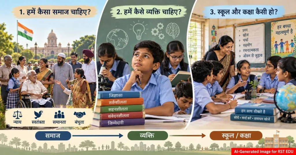 शिक्षा के उद्देश्यों को समझाते तीन सवाल—कैसा समाज, कैसा व्यक्ति और कैसी स्कूल-कक्षा