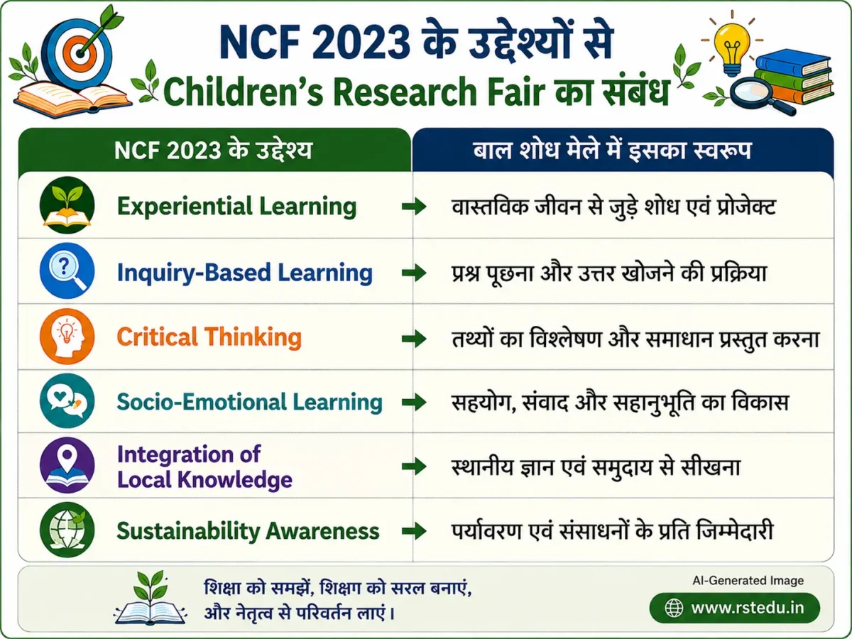 NCF 2023 के प्रमुख उद्देश्यों तथा Children's Research Fair (बाल शोध मेला) में उनके व्यवहारिक स्वरूप को दर्शाने वाला इन्फोग्राफिक।