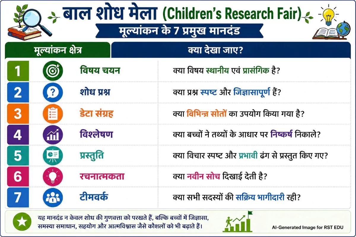 Children's Research Fair (बाल शोध मेला) के मूल्यांकन के सात प्रमुख मानदंड दर्शाने वाला इन्फोग्राफिक