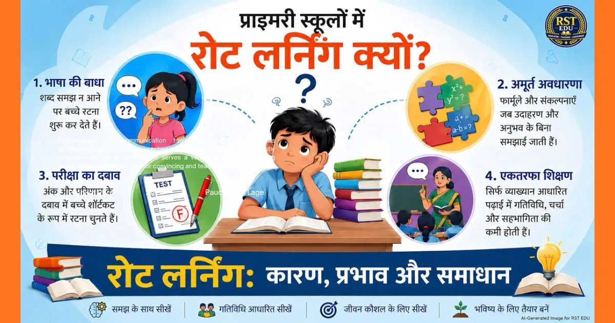 Rote Learning in Primary Education प्राइमरी स्कूल में रोट लर्निंग के 4 कारण - भाषा बाधा, अमूर्त अवधारणा, परीक्षा दबाव और एकतरफा शिक्षण