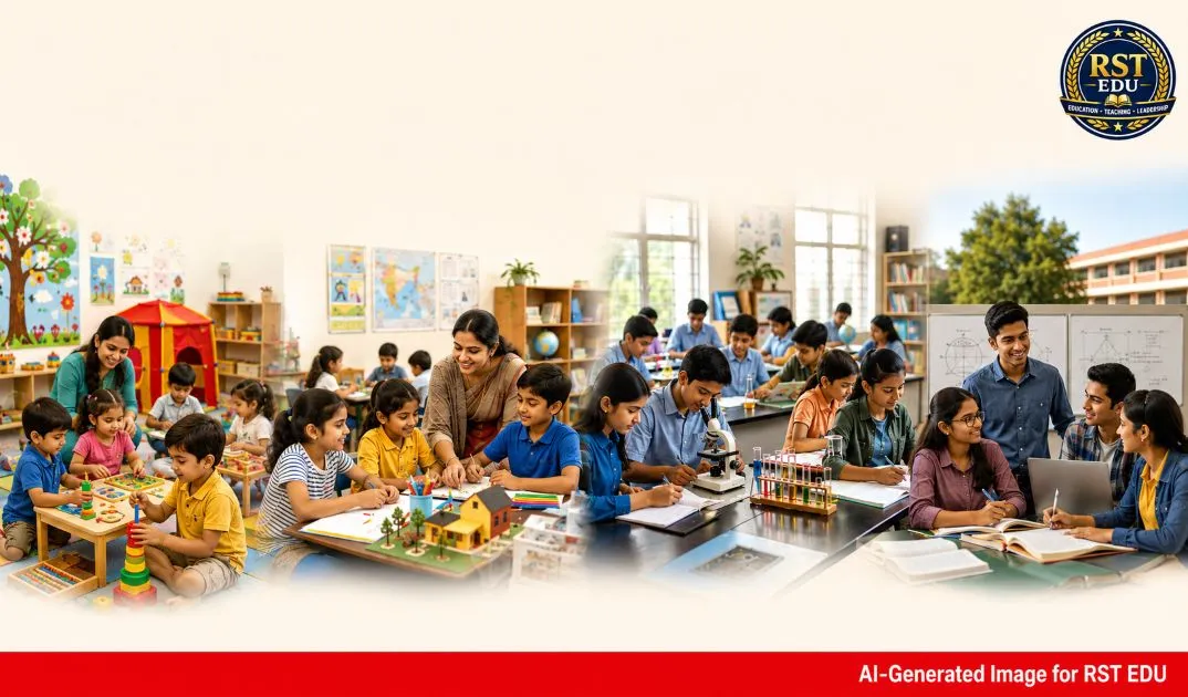 NEP 2020 का 5+3+3+4 School Structure दर्शाते चार developmental stages